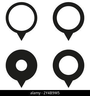 Icone dei marcatori della mappa. Simboli dei pin di posizione. Elementi vettoriali di geolocalizzazione. Forme del puntatore di navigazione. Illustrazione Vettoriale