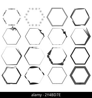 Telai esagonali decorativi. Disegni di bordi astratti. Variazioni di forma minimalistiche. Ripetizioni di contorno vettoriali. Illustrazione Vettoriale