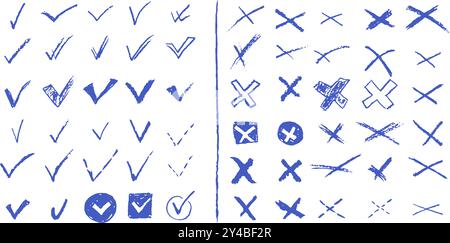Set di segni di spunta e croci per la lista delle attività o il voto. Elementi vettoriali per rispondere sì o no alle domande del test. Matita blu al carbone corretta o errata Illustrazione Vettoriale