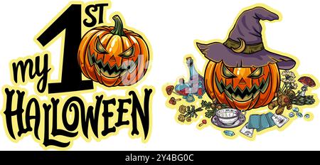 Set di biglietti d'auguri di Halloween. Inviti per feste o poster. Illustrazione Vettoriale