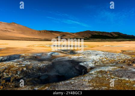 Namaskard, nel sistema vulcanico di Krafla, si trova ad est del lago Myvatn, con piscine di roccia fusa che gorgogliano in un paesaggio dalle sfumature gialle e rosse Foto Stock