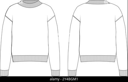 Pullover a girocollo con spalle a coste e maniche lunghe con motivo a coste Jumper Technical Drawing Flat Sketch Illustrazione Vettoriale