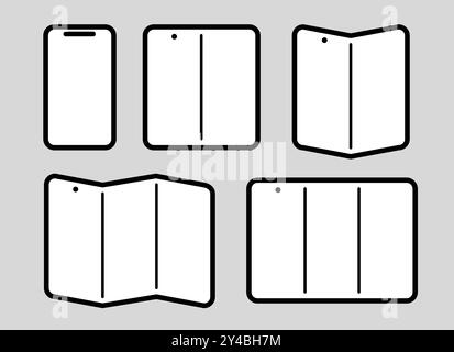 tre icone pieghevoli per telefono pieghevole a tre posizioni, illustrazione nera semplice, schermo flessibile per smartphone pieghevole Illustrazione Vettoriale