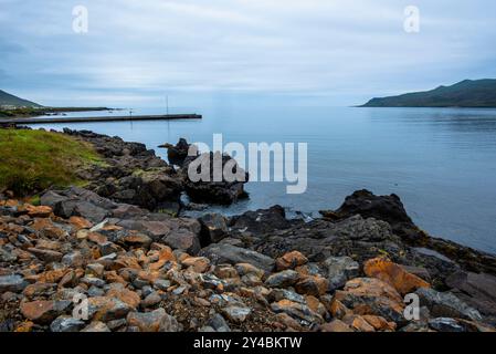 Fiordo islandese tra le montagne coperte dall'oceano a Borgarfjordur Eystri nell'Islanda orientale Foto Stock