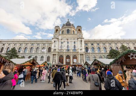 I visitatori passeggiano attraverso l'incantevole mercato di Natale di Vienna, circondato da luci festose e dallo storico Municipio della città Vecchia, catturando l'holida Foto Stock