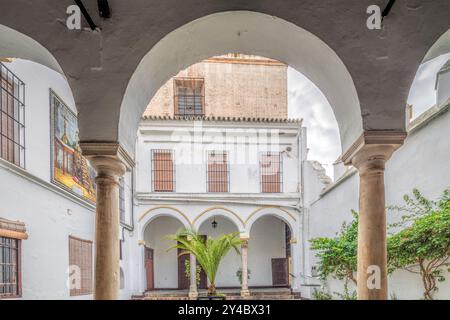 Siviglia, Spagna, 15 novembre 2009, esplora il tranquillo cortile interno del convento di Santa Isabella del XVI secolo a Siviglia, caratterizzato da eleganti archi e lussureggianti Foto Stock