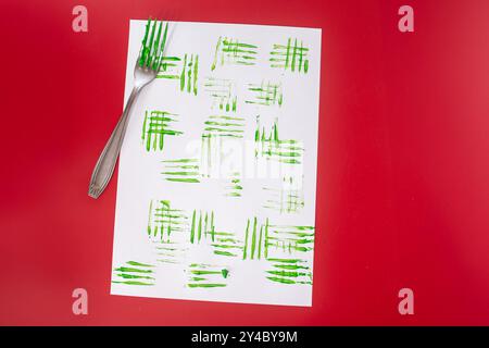 Tutorial di Natale fai da te che mostra come creare timbri decorativi con una forchetta e una vernice. Un esclusivo progetto di carta da imballaggio personalizzato, una borsa semplice e divertente Foto Stock