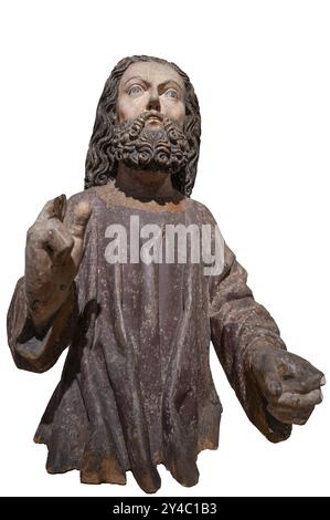 Figura di Gesù, intorno al 1470, su sfondo bianco, rimane solo il corpo dell'asino di palma, il Museo Strigel, Martin-Lutero-Platz 1, Memmingen, Swabi Foto Stock