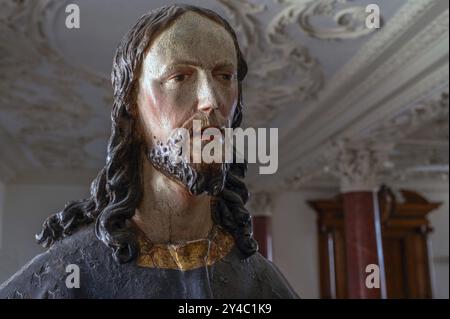 Palmesel in legno intorno al 1880, dettaglio Cristo, convento domenicano Wettenhausen, Svevia, Baviera, Germania, Europa Foto Stock