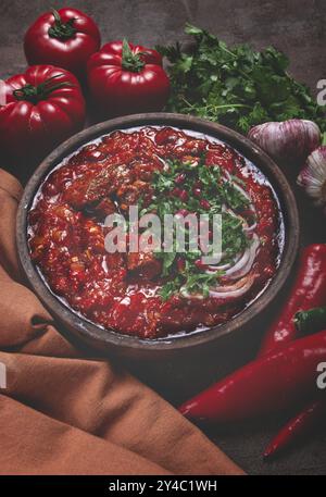 Chashushuli, un piatto tradizionale georgiano, speziato, carne stufata con pomodori e spezie, fatto in casa, nessuno Foto Stock