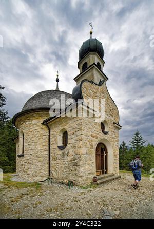 Cappella del lago Maria am SEE, Obernberger SEE, lago di montagna, paesaggio delle Alpi dello Stubai, Obernberg am Brenner, Tirolo, Austria, Europa Foto Stock