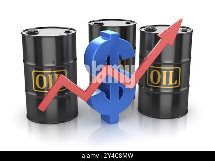 Oil Barrel and Dollar Sign, si tratta di un'immagine generata al computer con rendering 3d. Isolato su White Foto Stock