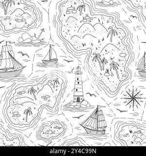 Schema senza cuciture vettoriale della mappa marittima. Sfondo nautico lineare con isole, faro, navi e regate d'epoca per carta da parati, carta da imballaggio o design tessile. Disegno nero con navi e marine. Illustrazione Vettoriale