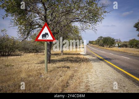 Cartello di avvertimento attenzione elefanti su African Elephant Road, Balule Plains, Sudafrica, Africa Foto Stock