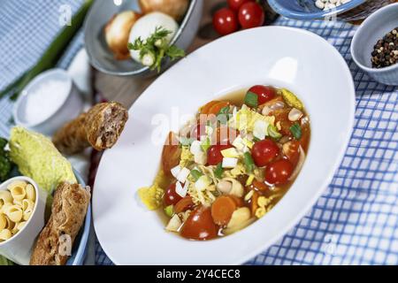 Minestrone con cavolo della savoia, carote, fagioli di Thracia phaseolina, cobbettis e pomodori Foto Stock