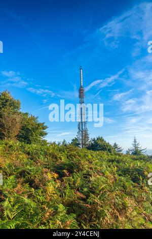 Trasmettitore televisivo sulla cima di Wrekin Hill a Telford, Shropshire, in orientamento verticale Foto Stock