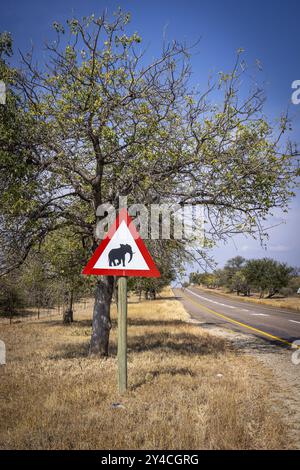 Cartello di avvertimento attenzione elefanti su African Elephant Road, Balule Plains, Sudafrica, Africa Foto Stock