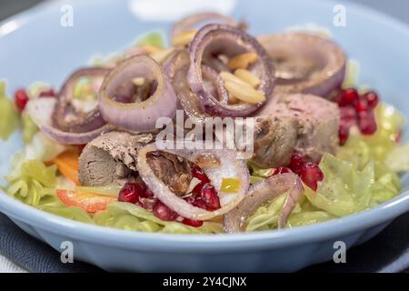 Filetto di maiale iberico con cavolo a punta, cipolle rosse, peperoni e semi di melograno Foto Stock