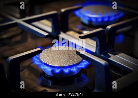 Fiamma blu brillante in bruciatore a gas in cucina Foto Stock