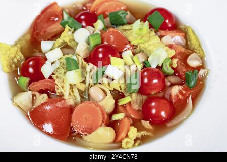 Minestrone con cavolo della savoia, carote, fagioli di Thracia phaseolina, cobbettis e pomodori Foto Stock