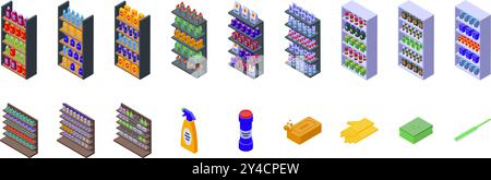 Set di icone per prodotti chimici per la casa. Illustrazione vettoriale isometrica set di prodotti per la pulizia sugli scaffali dei supermercati con prodotti per la pulizia come guanti, sapone e spugna Illustrazione Vettoriale