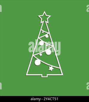 Immagine di benvenuto per Natale. Albero di Natale con tecnica di taglio della carta su sfondo verde. Illustrazione Vettoriale