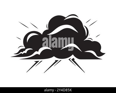Silhouette nera di una nuvola di tempesta con fulmini isolati su sfondo bianco. Concetto di illustrazione meteorologica, temporale, stile minimalista, tempesta Illustrazione Vettoriale