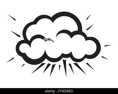 Contorno nero di una nuvola con fulmini isolati su uno sfondo bianco. Concetto di illustrazione meteorologica, tempesta, stile minimalista, temporale. Illustrazione Vettoriale