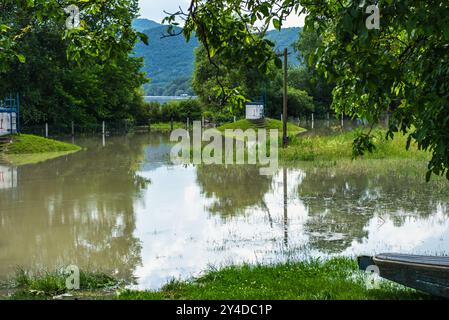 Pozzi sotterranei. Acqua alta e inondazione stagionale in estate e in autunno dopo la pioggia. Le piante sulla riva del fiume sono inondate dal Danubio in S. Foto Stock