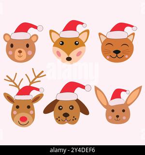 Collezione invernale di animali natalizi con gatto, cane, renne, coniglio, orso e volpe che indossano i cappelli di Babbo Natale Illustrazione Vettoriale