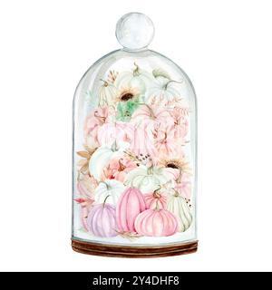 Cappellino con zucche rosa, girasoli e foglie autunnali. Clip Art ad acquerello su sfondo bianco. L'illustrazione è disegnata a mano in colori pastello. Adatto per disegni di carte, tessuti e scrapbooking Foto Stock