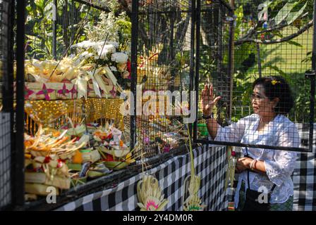 Bogor, Indonesia. 17 settembre 2024. Diversi indù balinesi con sede a Jabodetabek hanno partecipato alla diciannovesima tradizione Pujawali al tempio Parahyangan Agung Jagatkarta a Bogor, Giava occidentale, Indonesia, martedì 17 settembre. Pujawali è una tradizione che commemora e celebra il compleanno di un tempio o di un edificio sacro. Parahyangan Agung Jagatkarta è il tempio più grande dell'isola di Giava, Indonesia. (Foto di Rangga Firmansyah/NurPhoto)0 credito: NurPhoto SRL/Alamy Live News Foto Stock