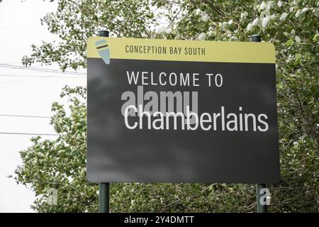 Benvenuto al cartello di Chamberlains su Topsail Road a Conception Bay South, Terranova & Labrador, Canada Foto Stock