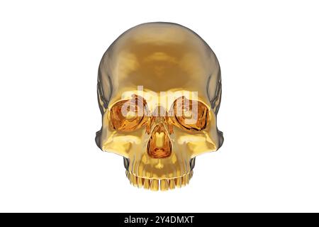 Cranio metà cranio in metallo dorato isolato su sfondo bianco. Rendering 3D. Ispirato alle ossa umane, allo scheletro, ai pirati, ad Halloween, al giorno dei morti. Foto Stock