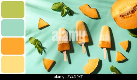 Gustosi papaveri di melone su fondo di menta. Diversi modelli di colore Foto Stock