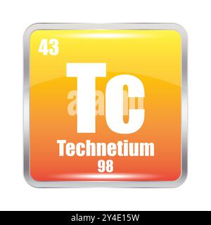 Elemento chimico TC. Numero atomico 43. Massa 98. Immagine quadrata gialla. Illustrazione Vettoriale