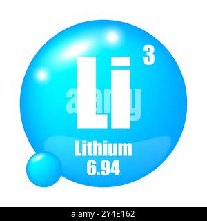 Simbolo dell'elemento al litio. Atomico numero tre. Icona blu lucida. Rappresentazione di elementi chimici. Illustrazione Vettoriale