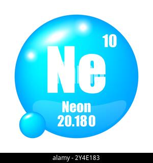 Icona elemento neon. Atomico numero dieci. Massa atomica 20.180. Simbolo circolare. Illustrazione Vettoriale