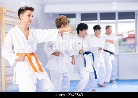 Bambini in kimono in fila sul tatami e che praticano colpi in palestra Foto Stock