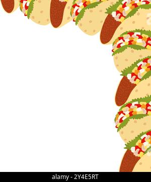 Bordo della cornice dell'angolo astratto di Taco messicano. Idea di progettazione del modello di invito o di saluto. Copia spazio. Schede illustrative vettoriali isolate, poster, banner, brochure, cartellino prezzi, etichetta o web, promozione Illustrazione Vettoriale