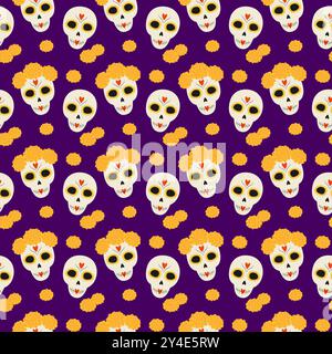 Teschi di zucchero con fiori senza bordi. Concetto di background del giorno dei morti saluti. Wrapping di illustrazioni vettoriali, sfondo o Web, poster, banner, biglietti d'invito, etichetta prezzo, etichetta Illustrazione Vettoriale