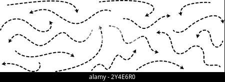Set frecce tratteggiate nere. Raccolta di frecce tratteggiate ondulate e curve. Doodle disegnava puntatori sottili e linee di direzione. Delineare il pacchetto di elementi di design a strisce per opuscoli, poster e brochure. Vettore Illustrazione Vettoriale