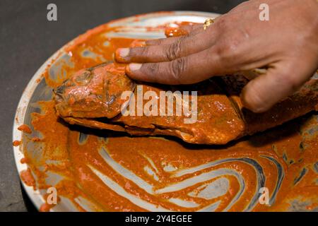 Pesce fresco marinato in spezie vivaci, pronto a trasformarsi in un delizioso curry. Foto Stock