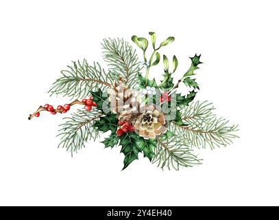 Rami di abete con aghi verdi, coni, agrifoglio, mignolo, bacca rossa, illustrazione ad acquerello bouquet. Piante forestali per decorazioni invernali e natalizie. È Foto Stock
