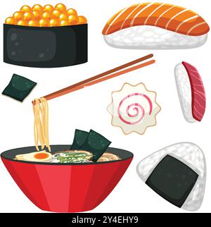 Illustrazione assortita di sushi e ramen vettoriali Illustrazione Vettoriale