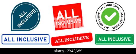 All inclusive timbro rosso blu verde distintivo adesivi colorati offerta turistica set di design di servizio collezione Illustrazione Vettoriale