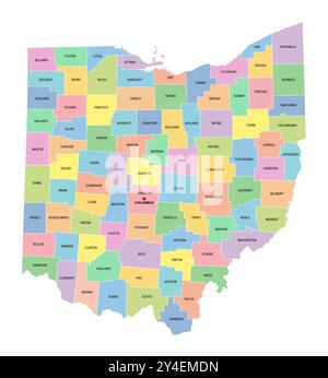 Ohio, stato degli Stati Uniti, suddiviso in 88 contee, mappa politica multicolore con la capitale Columbus, confini e nomi di contea. Foto Stock