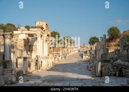 Vista serale della strada colonnata nell'antica città di Efeso a Selcúk Foto Stock