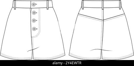 Denim jean mini disegno tecnico corto disegno piatto Illustrazione Vettoriale