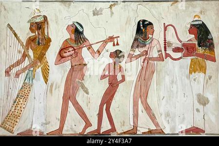 7363. Musicisti femminili ad un banchetto, tomba di Amenemhet datata intorno al 1474-1448 a.C. Tebe, Egitto. Arpa ad arco egiziana, liuto, doppio oboe e lira. TOMBA O. Foto Stock